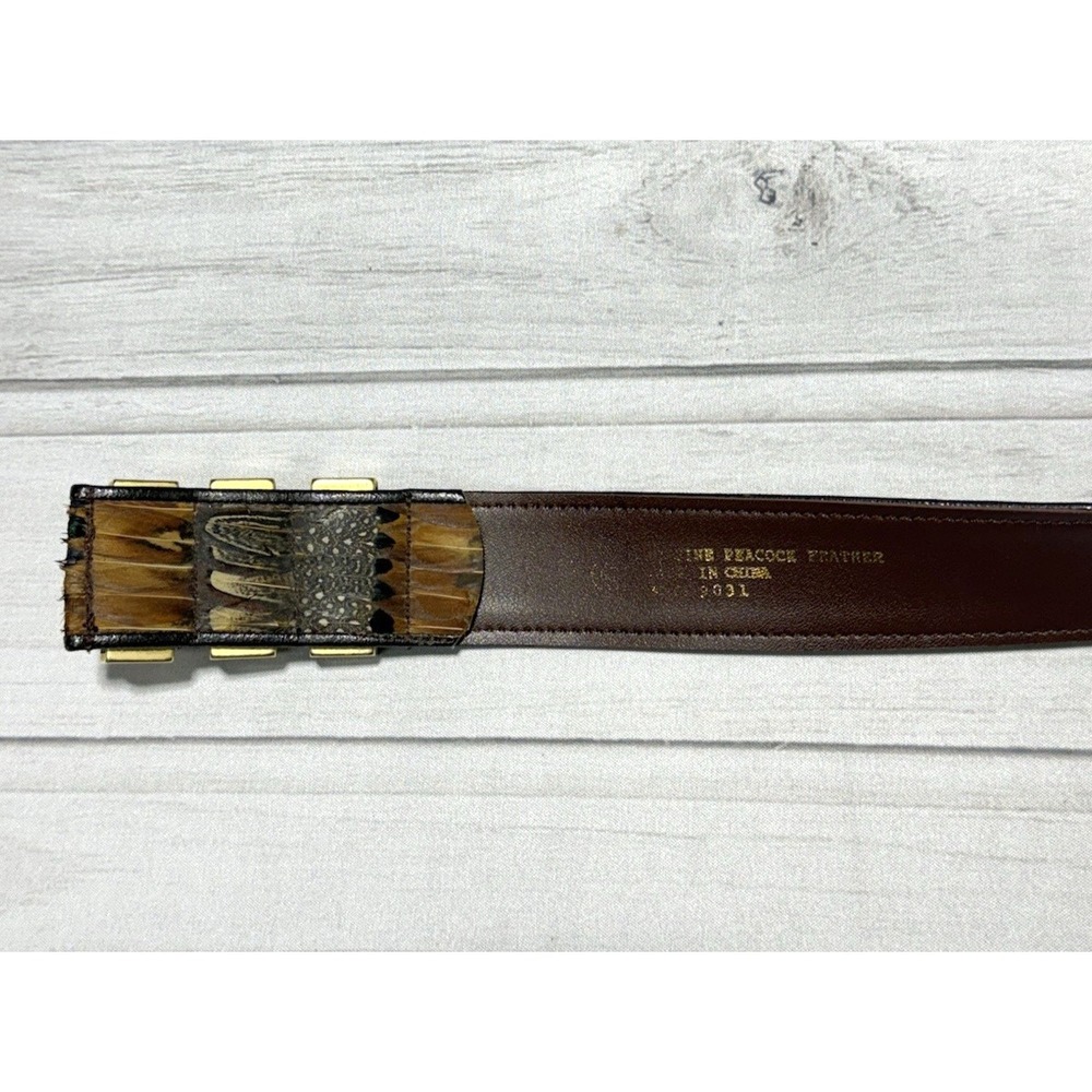 Vintage Peacock Feather Inlay Belt Leather Hippie Boho Gold Tone Slide Buckle - Picture 7 of 10